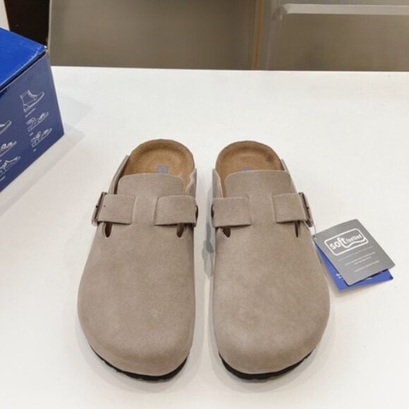 Birkenstock Boston Narrow | Wide Suede Leather Women Men Taupe Shoes - Picture 2 of 9